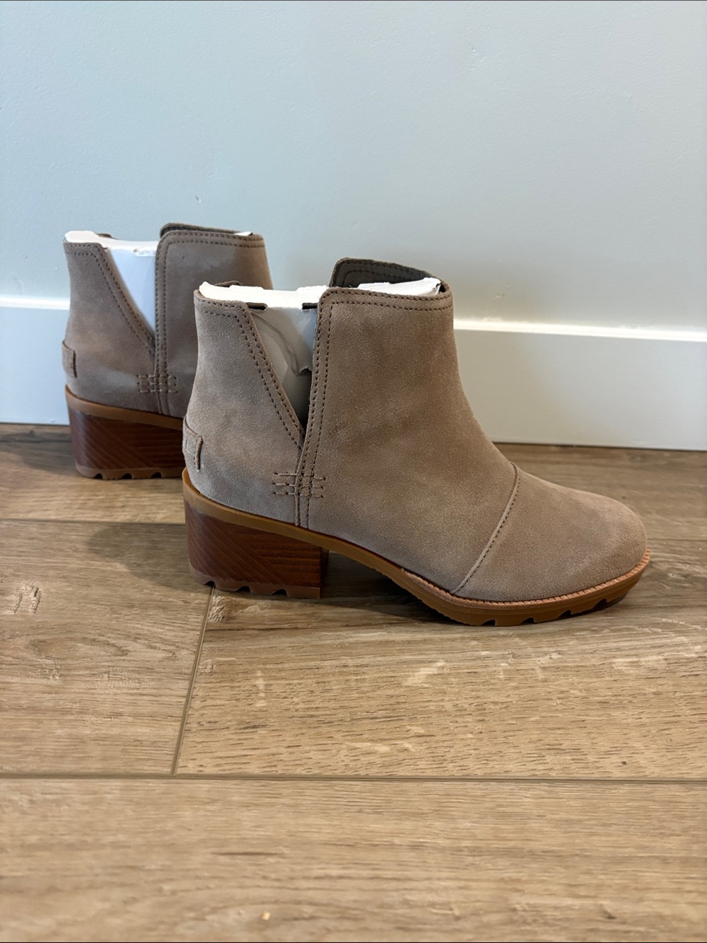 Sorel Taupe Suede Cutout Ankle Booties with Wood-Tone Heel